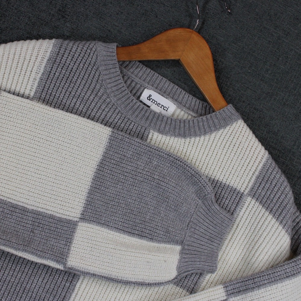 &merci Grey White Checkered Ribbed Knit Balloon Sleeve Crewneck Sweater Small